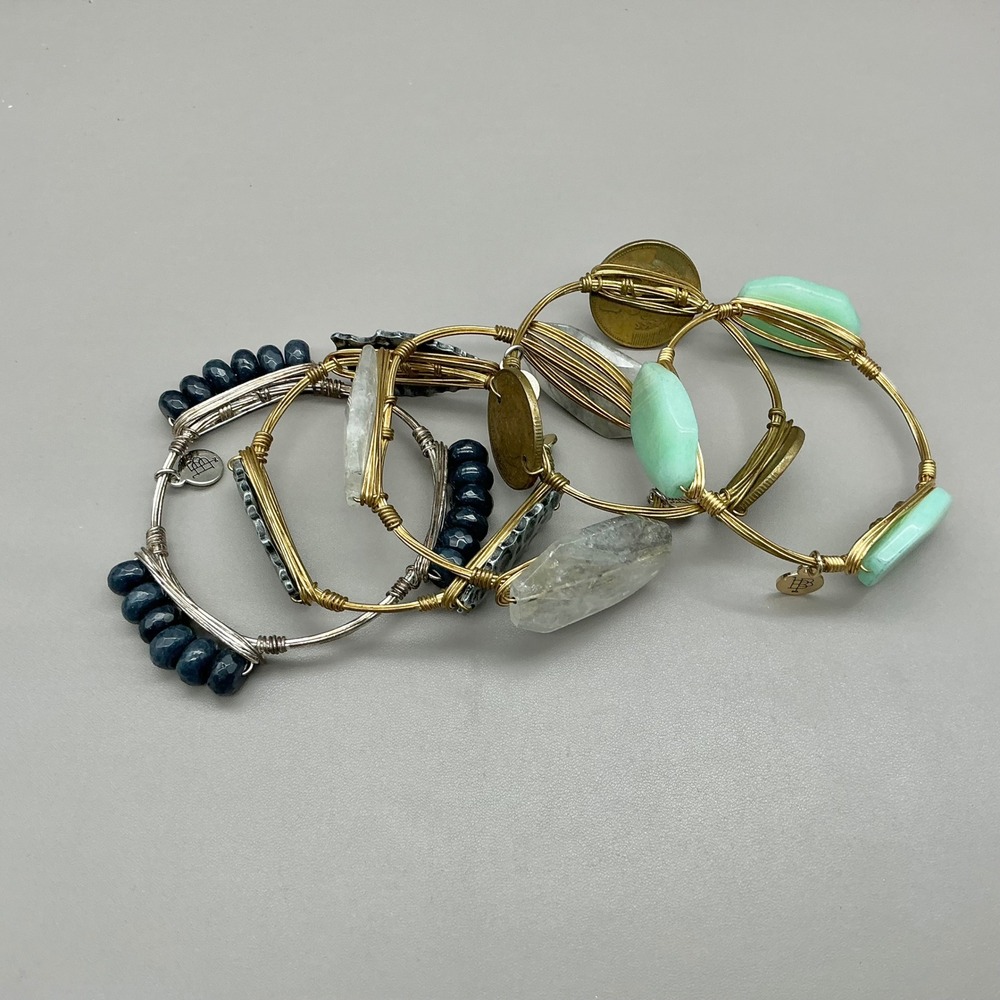Bourbon and Boweties Bangle Bracelet Set Multicolor Wire Wrapped Stone Coin